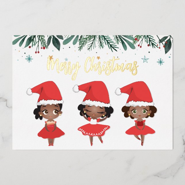 Black Girls Christmas Santa Hat Ballerinas Foil Holiday Card (Front)
