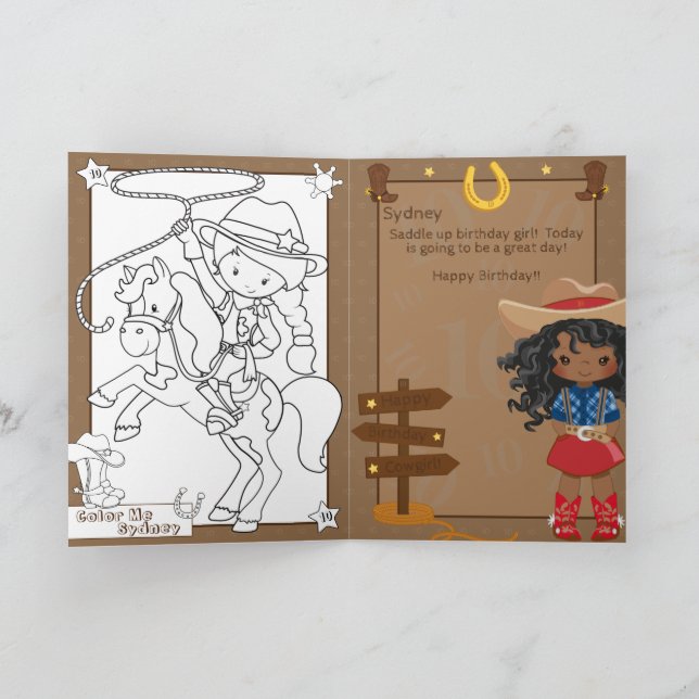 Black Girls Cowgirl Colouring Page Happy Birthday Card (Inside)