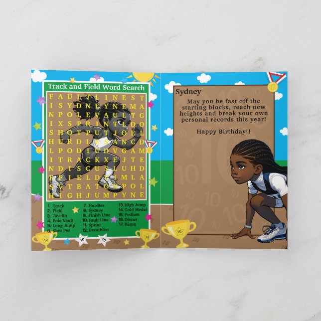 Black Girls Track Star Word Search Happy Birthday Card (Inside)
