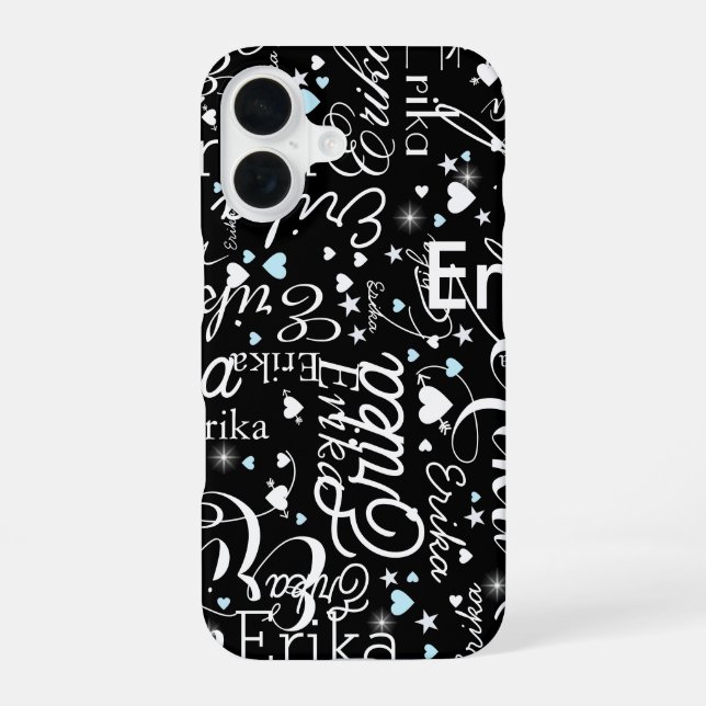 Black Girly Calligraphy Typography Name Pattern iPhone 16 Case (Back)
