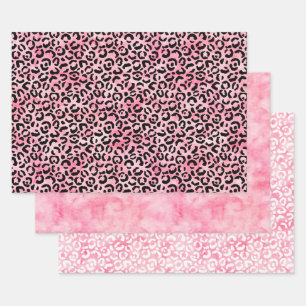 Black Girly Pink Watercolor Leopard Print Wrapping Paper Sheet