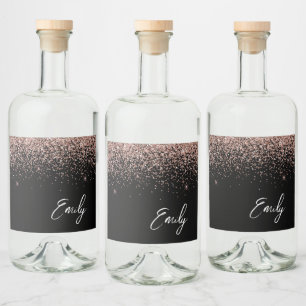 Black Girly Rose Gold Blush Pink Glitter Monogram Liquor Bottle Label