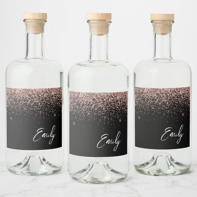 Black Girly Rose Gold Blush Pink Glitter Monogram Liquor Bottle Label (Bottles)