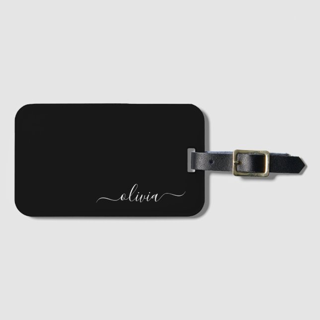 Black Girly Script Monogram Name Modern Luggage Tag (Front Horizontal)