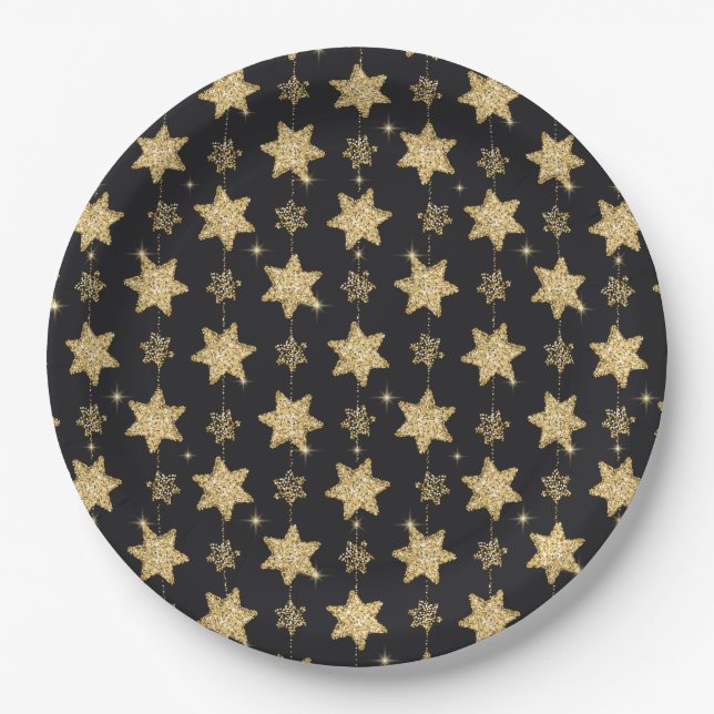 Black Glam Glitter Stars Holiday Paper Plate (Front)