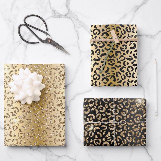 Black Glam Gold Glitter Leopard Wrapping Paper Sheet (Front)