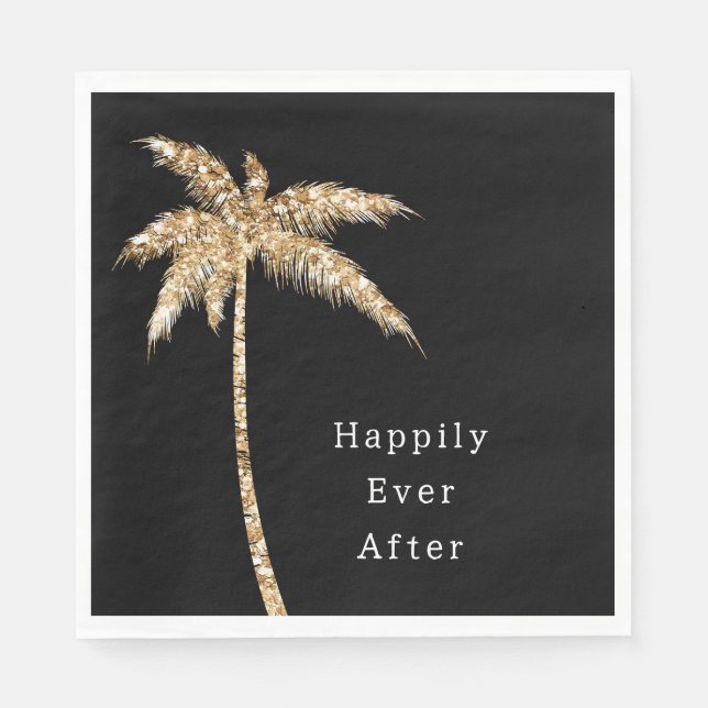 Black Glam Gold Glitter Palm Tree Napkin (Front)