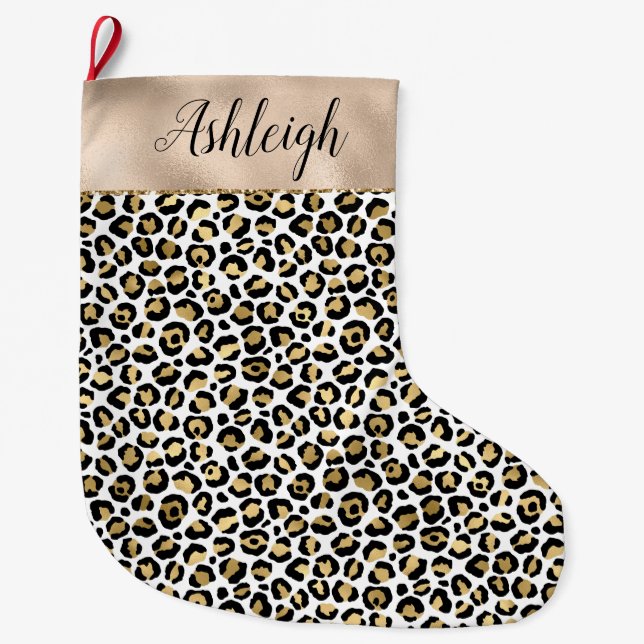 Black Glam Gold Leopard Print Large Christmas Stocking (Front)