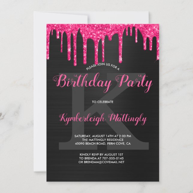 Black Glam Hot Pink Glitter Drips Birthday Party Invitation (Front)