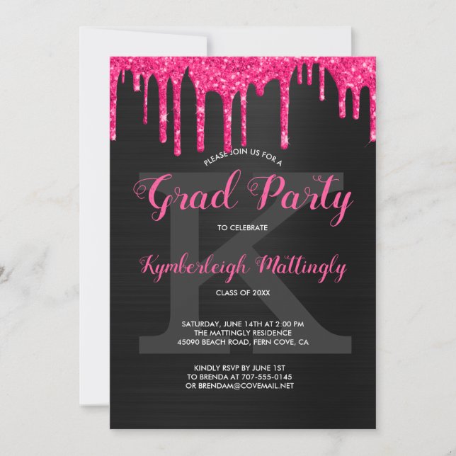 Black Glam Hot Pink Glitter Drips Graduation Party Invitation (Front)