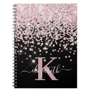 Black Glam Rose Gold Glitter Diamond Monogram Notebook
