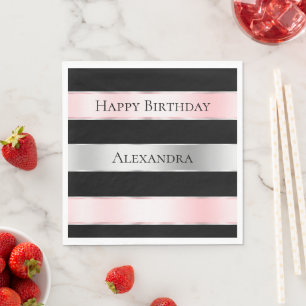 Black Glam Silver Blush Pink Ribbon Birthday Napkin