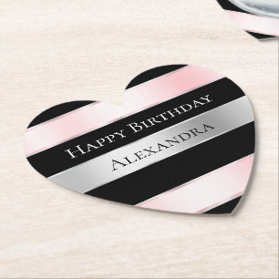 Black Glam Silver Blush Pink Ribbon Birthday Paper Coaster