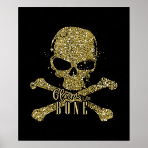 Black Glam to the Bone Gold Glitter Skull Poster