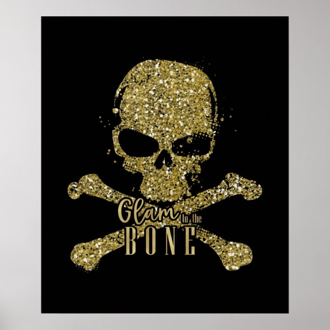 Black Glam to the Bone Gold Glitter Skull Poster (Front)