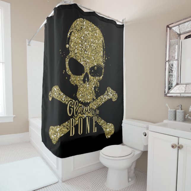 Black Glam to the Bone Gold Glitter Skull Shower Curtain (In Situ)