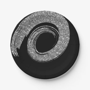 Black Glam VIP Silver Spiral Glitter Gray Paper Plate