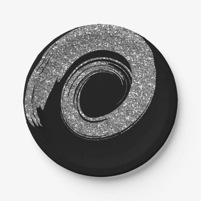 Black Glam VIP Silver Spiral Glitter Gray Paper Plate (Front)