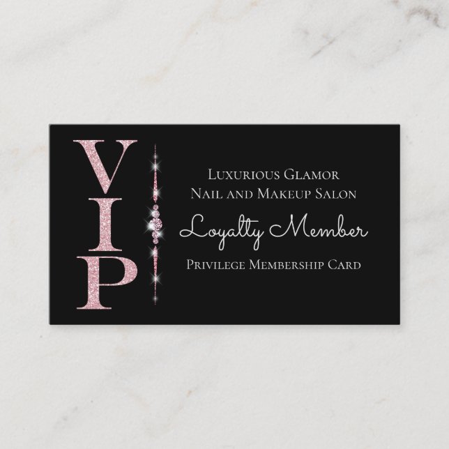 Black Glamourous Diamonds Pink Glitter VIP Loyalty Business Card (Front)