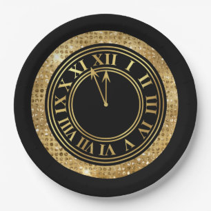 Black Glamourous Gold Diamonds New Year's Clock Paper Plate