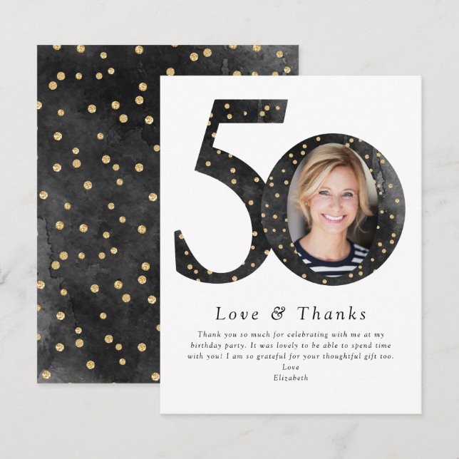 Black Glitter 50 & Fabulous Photo Thank You Card (Front/Back)