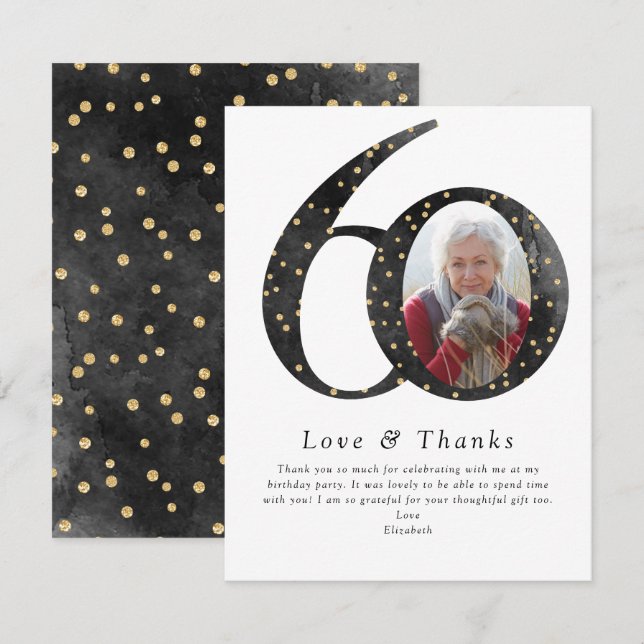 Black Glitter 60th Birthday Photo Thank You Card (Front/Back)