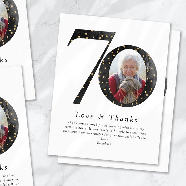 Black Glitter 70th Birthday Photo Thank You Card (Creator Uploaded)