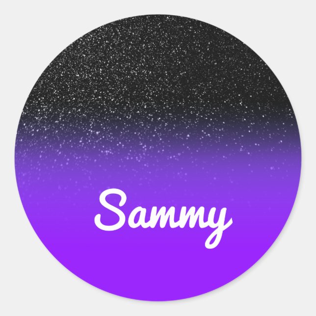 Black Glitter and Blue Violet Ombre Personalised Classic Round Sticker (Front)