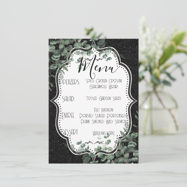 Black Glitter and Floral Eucalyptus Bouquet Meal  Enclosure Card (Standing Front)