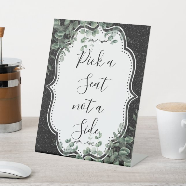Black Glitter and Floral Eucalyptus Pick a Seat Pedestal Sign (In SItu)