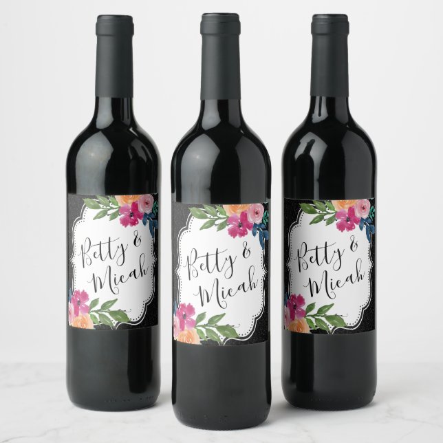 Black Glitter and Floral Rainbow Rose Bouquet Wine Label (Bottles)