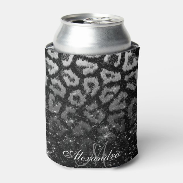 Black Glitter and Leopard Print Can Cooler (Can Front)