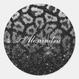 Black Glitter and Leopard Print Classic Round Sticker