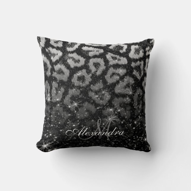 Black Glitter and Leopard Print Cushion (Front)