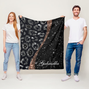 Black Glitter and Leopard Print Fleece Blanket