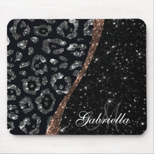 Black Glitter and Leopard Print Mouse Mat