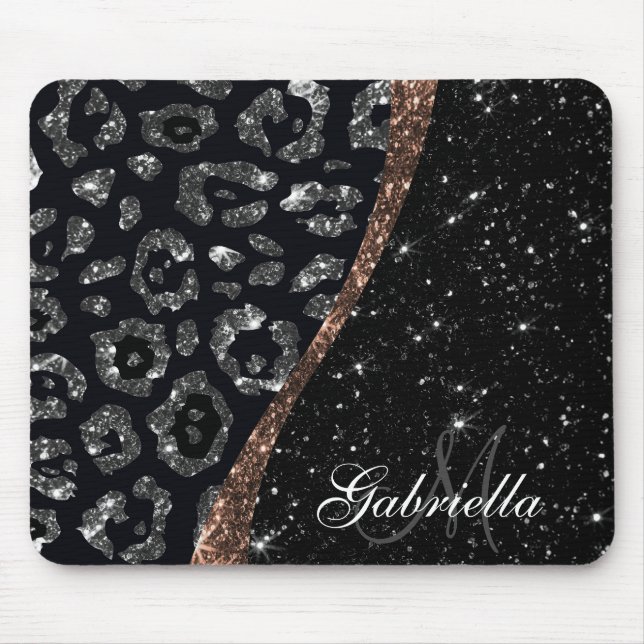 Black Glitter and Leopard Print Mouse Mat (Front)