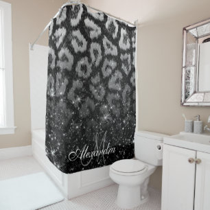 Black Glitter and Leopard Print Shower Curtain