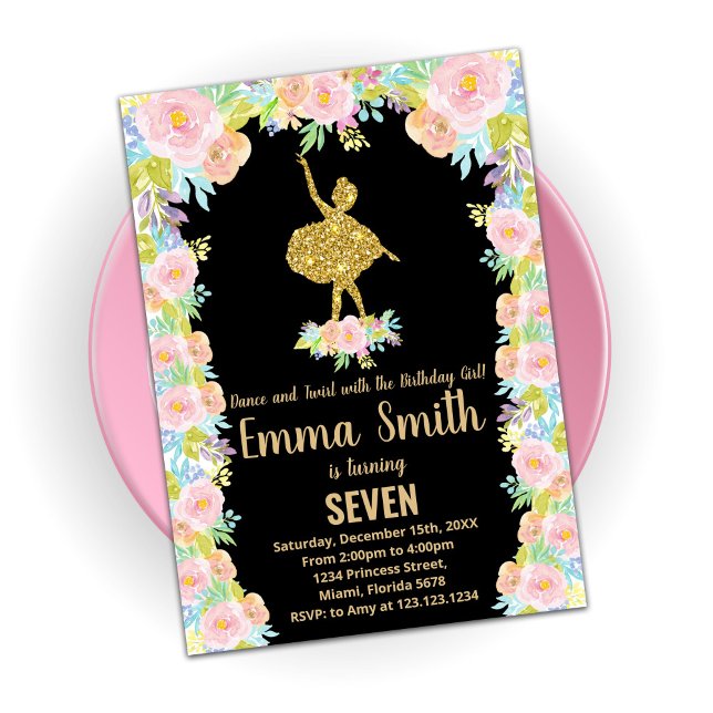 Black Glitter Ballerina Birthday Invitations (Creator Uploaded)