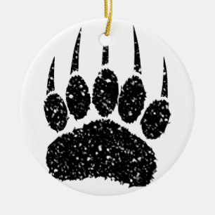 Black Glitter Bear Paw Print Drawing Ceramic Tree Decoration
