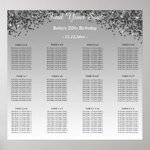 Black Glitter Birthday Alphabetic Seating Plan Poster