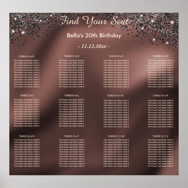 Black Glitter Birthday Alphabetic Seating Plan Poster (Front)
