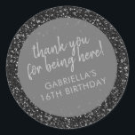 Black Glitter Birthday Favour Thank You Classic Round Sticker<br><div class="desc">Black glitter and dark silver sparkles personalised thank you favour stickers for a fun and girly birthday party. The wording is editable making them perfect for a little girl's 1st 5th, or 8th birthday, or a big girl's 13th 15th sweet 16th, 18th or 21st birthday or graduation. The "thank you...</div>