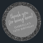 Black Glitter Birthday Favour Thank You Classic Round Sticker<br><div class="desc">Black glitter and dark silver sparkles personalised thank you favour stickers for a fun and girly birthday party. The wording is editable making them perfect for a little girl's 1st 5th, or 8th birthday, or a big girl's 13th 15th sweet 16th, 18th or 21st birthday or graduation. The "thank you...</div>