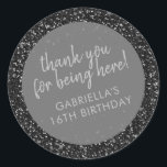 Black Glitter Birthday Favour Thank You Classic Round Sticker<br><div class="desc">Black glitter and dark silver sparkles personalised thank you favour stickers for a fun and girly birthday party. The wording is editable making them perfect for a little girl's 1st 5th, or 8th birthday, or a big girl's 13th 15th sweet 16th, 18th or 21st birthday or graduation. The "thank you...</div>