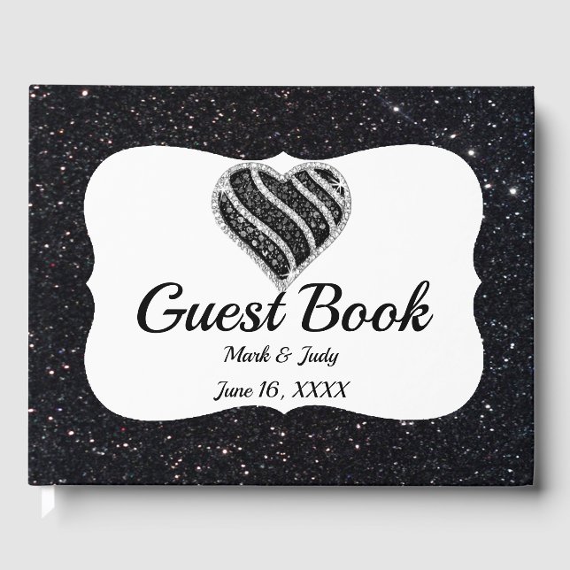 Black Glitter Black And White Heart Guestbook (Front)