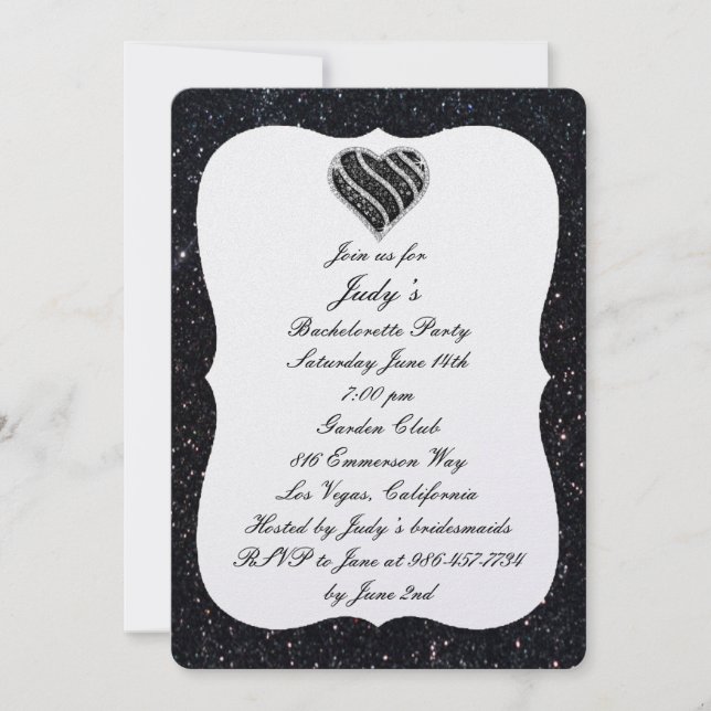 Black Glitter Black Heart Bachelorette Party Invitation (Front)