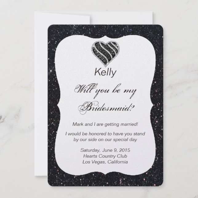 Black Glitter Black Heart Bridesmaid Card (Front)