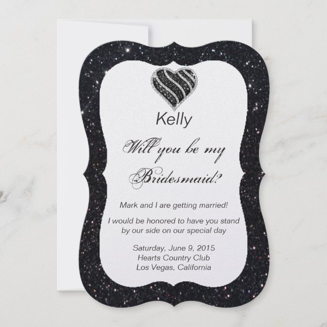 Black Glitter Black Heart Bridesmaid Card (Front)