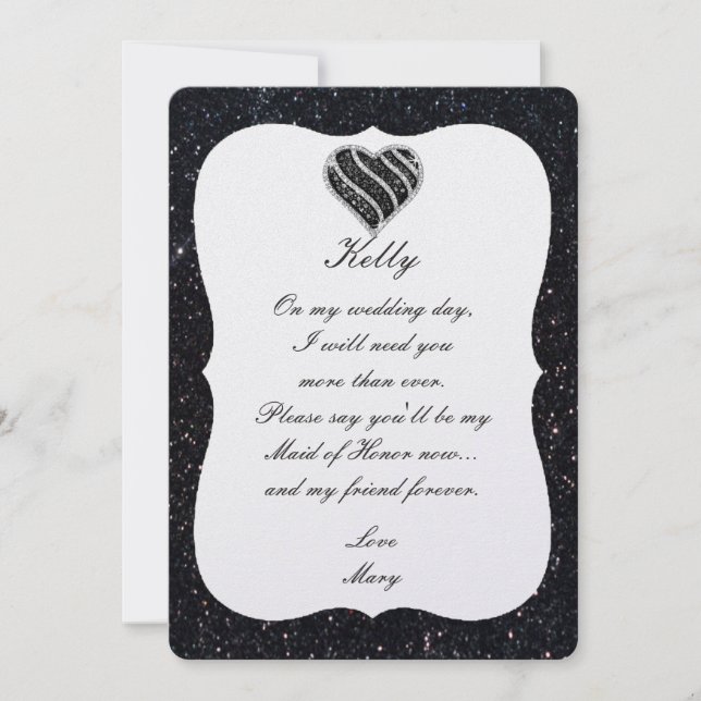Black Glitter Black Heart Maid Of Honour Card (Front)